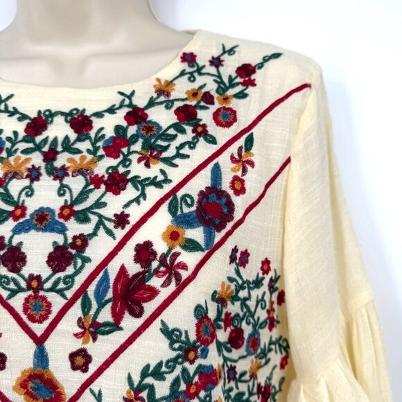 Umgee USA Cream Floral Embroidered Ruffle Sleeve Boho Dress Womens size Large cr - Picture 2 of 10